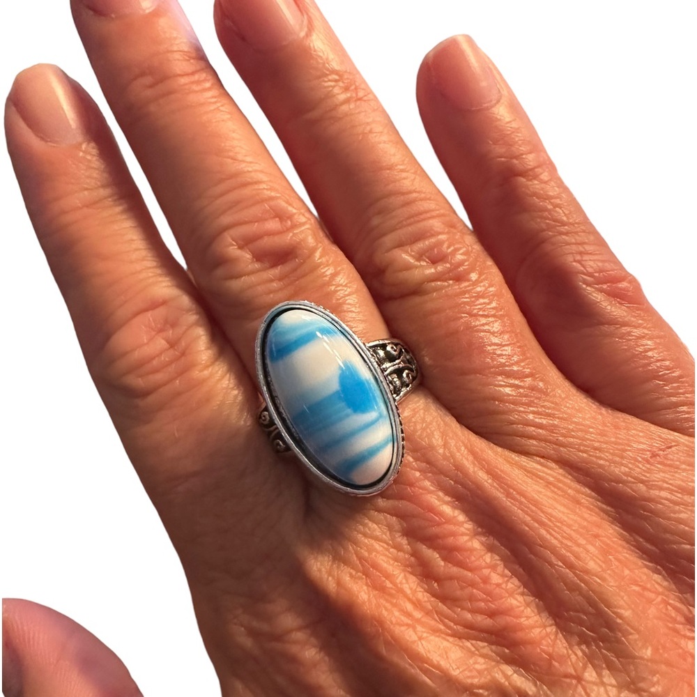 Boho Antique Silver with Oval Blue and White Center Stone
